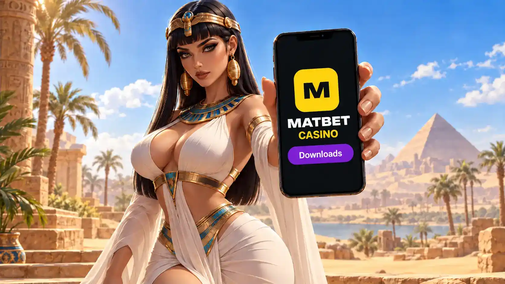 Misr uslubidagi qiz smartfonda MatBet Casino ekranini ko‘rsatmoqda